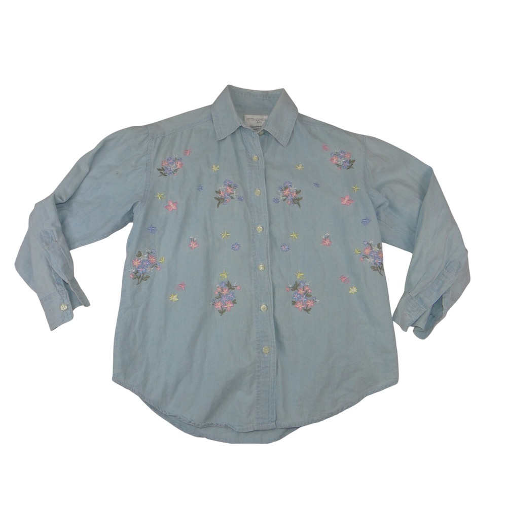Vtg White Stag Womens Blue Floral Embroidered Chambray Button Down Shirt M 4210